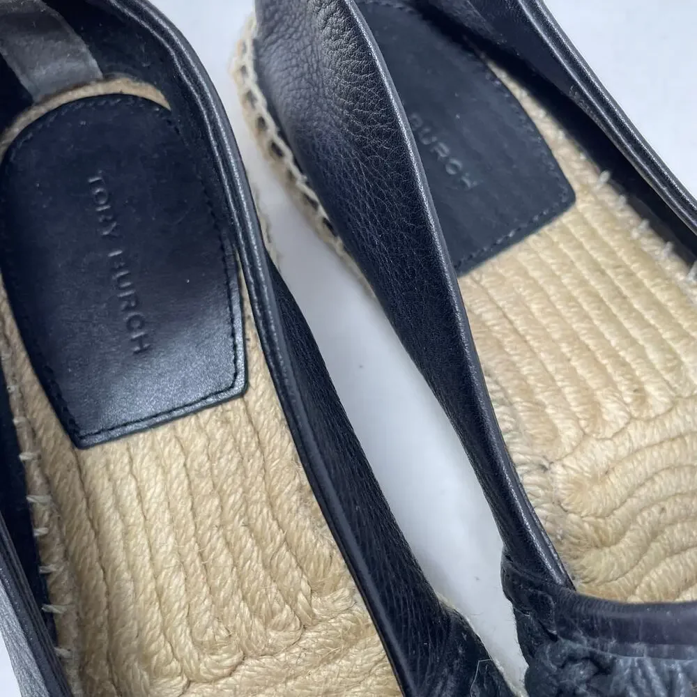 Tory Burch Everly Espadrille Waxed Woven Rope Crochet Shoes Black Leather 7